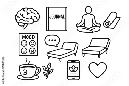 Therapy & Mindfulness Icons. Mental health and therapy doodle icons including brain, journal, meditation pose, yoga mat, mood