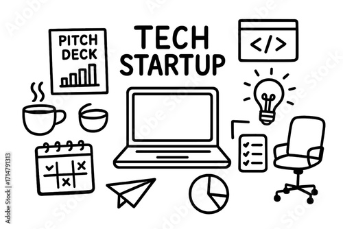 Tech Startup Icons. Tech startup essentials doodle icons with laptop, pitch deck, coffee, idea bulb, code window, calendar, paper