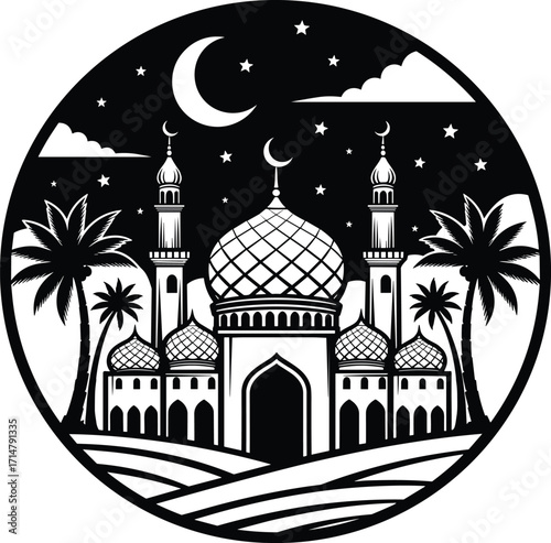 Beautiful Islamic mosque silhouette with crescent moon, stars, palm trees, night sky, traditional architecture, religious building, Ramadan, Eid, spirituality,