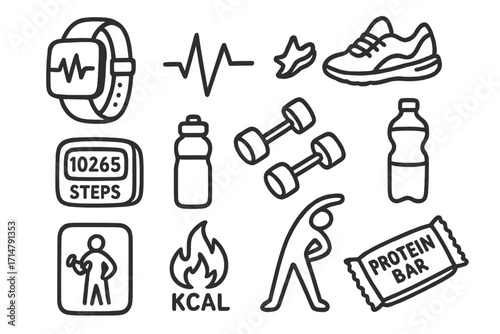 Fitness Tracker Icons. Fitness tracker doodle icon set with smartwatch, heartbeat line, running shoes, steps counter, dumbbells,