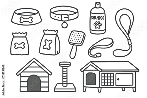 Pet Care Essentials. Pet care doodle icons with dog bowl, collar, pet shampoo, grooming brush, treat bag, leash, kennel,