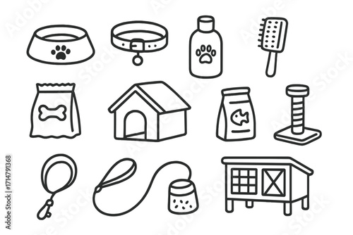 Pet Care Essentials. Pet care doodle icons with dog bowl, collar, pet shampoo, grooming brush, treat bag, leash, kennel,