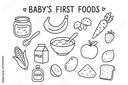 Baby's First Foods. Baby’s first foods doodle set: hand drawn icons for introducing solids and purees, isolated transparent
