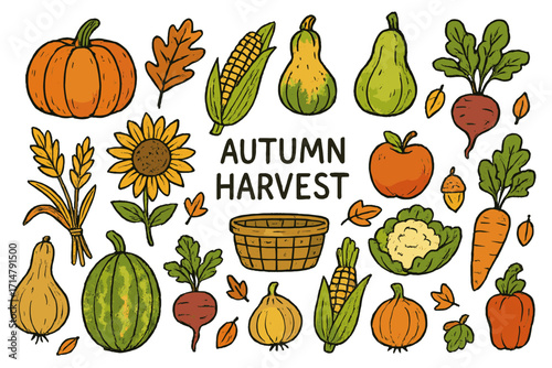 Autumn Harvest Icons. Autumn harvest doodle set: hand drawn icons for celebrating fall vegetables and seasonal produce, isolated