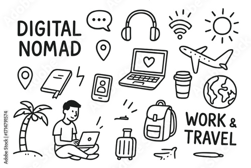 Digital Nomad Icons. Digital nomad doodle set: hand drawn icons for remote work, mobile gear, and travel lifestyle, isolated