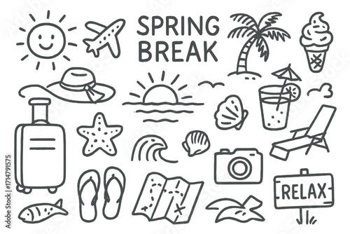 Spring Break Icons. Spring break doodle set: hand drawn icons for travel, beach fun, and relaxation getaway, isolated transparent