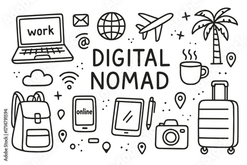 Digital Nomad Icons. Digital nomad doodle set: hand drawn icons for remote work, mobile gear, and travel lifestyle, isolated