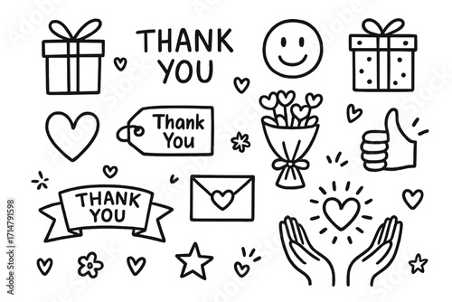 Appreciation Gift Icons. Thank-you gift doodle set: hand drawn icons for appreciation moments, presents, and gratitude symbols,
