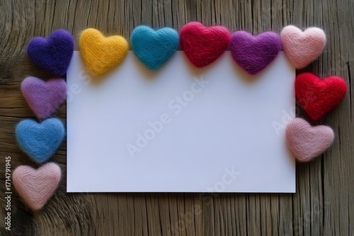 Colorful Felt Hearts Arranged Around a Blank Card on a Wooden Table