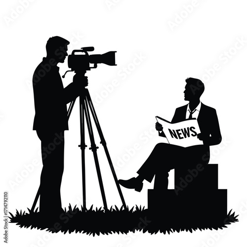 Silhouette of cameraman filming man reading newspaper
