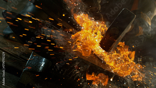Slika na platnu Close-up of blacksmith forging glowing hot iron on anvil with flying sparks
