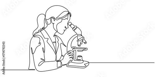 Continuous one line drawing of female scientist researching antibiotic formula using microscope, Vector black silhouette. with white background, Coronavirus medical research concept single line draw.