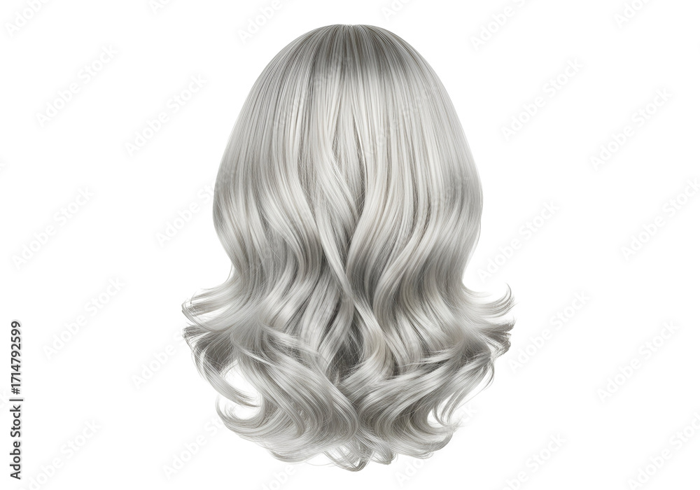 Naklejka premium A close-up view of voluminous, silver-gray hair, showcasing flowing waves and highlights against a black backdrop.
