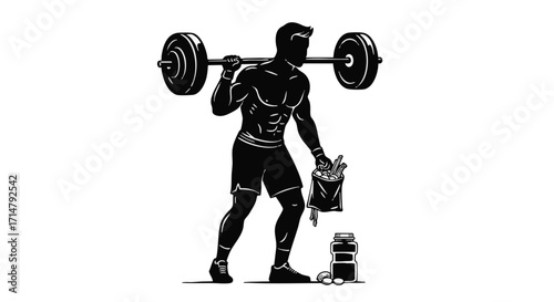 Silhouette of a muscular man holding a barbell and a bag of supplements, representing fitness and healthy nutrition for a strong body