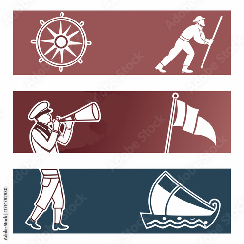 Three banners showing nautical symbols and people in maritime professions