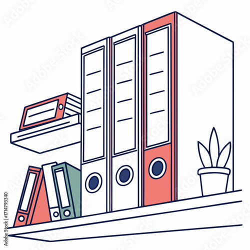 Office shelf with binders and a plant