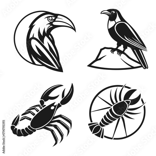 Monochrome vector illustration featuring various animals