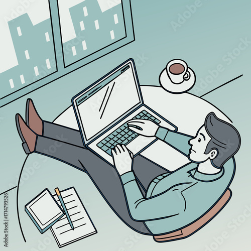 Man working on laptop while relaxing on beanbag chair near window