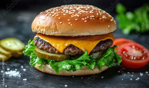 Juicy Burger Served With Fresh Toppings on a Black Slate Plate