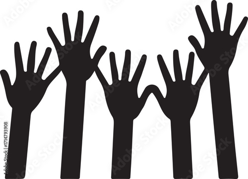Silhouettes of raised hands isolated on white background, reaching for success