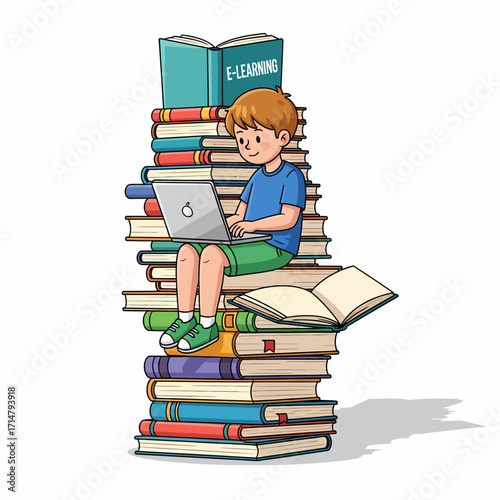 Cartoon boy sitting on a large stack of books while using a laptop for e-learning.