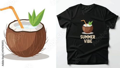 Vector art of coconut cocktail with straw for summer vibe tshirt design