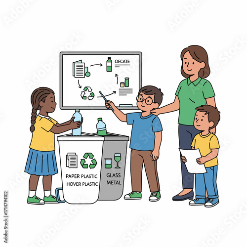 A teacher educates three diverse children about recycling, showing them how to sort waste into different bins for paper, plastic, glass, and metal, with a diagram on a whiteboard.