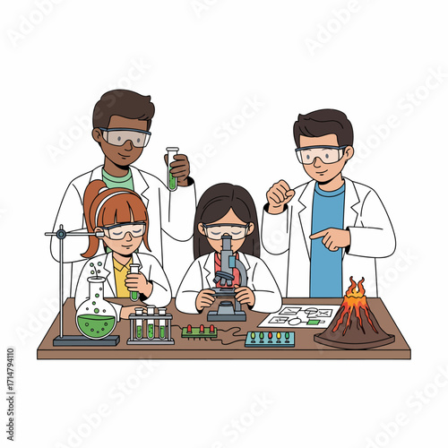 Group of children in lab coats conducting science experiments with various equipment.