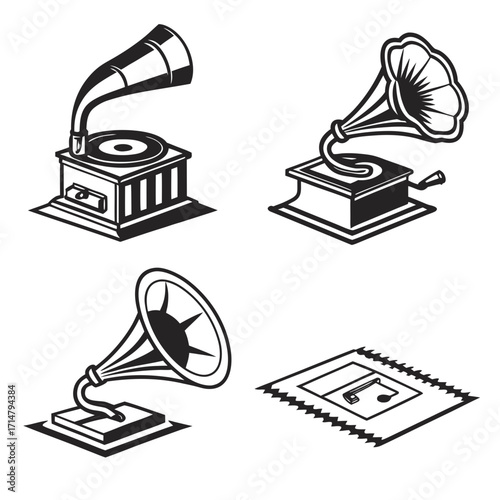 Four vintage gramophones and a rug with a musical note