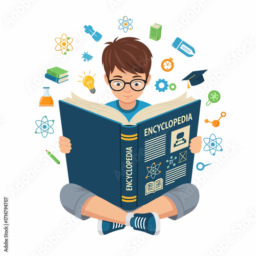 A young boy with glasses is sitting cross-legged and reading a large encyclopedia with various scientific symbols and educational items floating around him.
