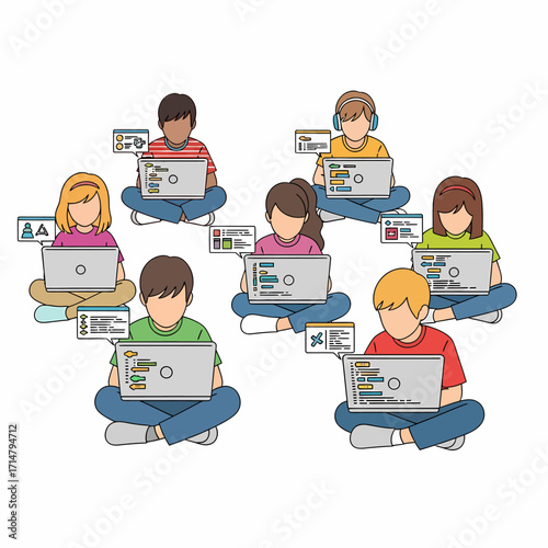 An illustration of diverse children sitting on the floor, learning to code on laptops with various digital elements displayed.