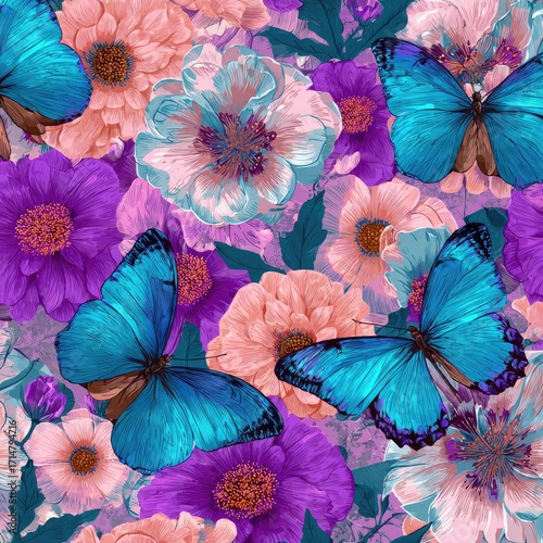 Vibrant floral print with teal butterflies