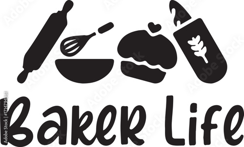 Baker life isolated on white background, baking tools and cupcake illustration