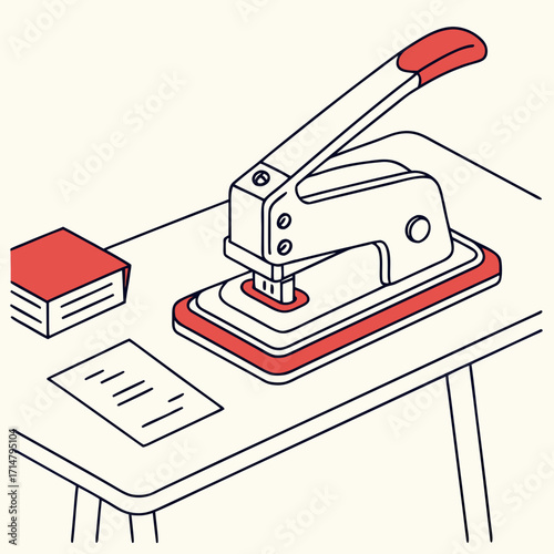 A hole puncher, paper, and box are on a table
