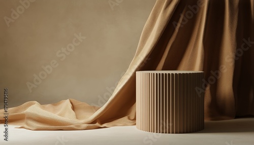 Soft Drapes and Round Pedestal Create a Warm Interior Scene in a Minimalist S...