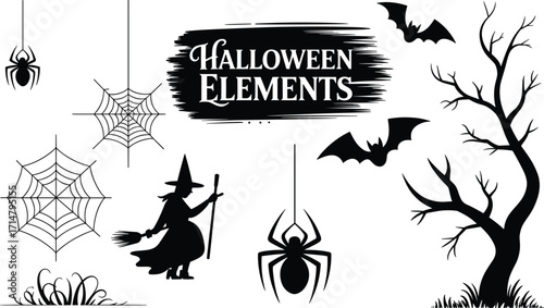 Halloween, spooky, vector, illustration, witch, bats, spider, web, twisted, trees, eerie, haunted, black, white, creepy, elements, flying, broomstick, scary, forest