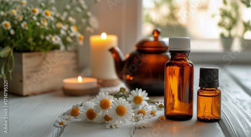 Relaxing Scene With Essential Oils, Candles, and Chamomile Flowers on Rustic ...