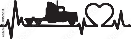 Truck heartbeat silhouette isolated on white background for trucker love