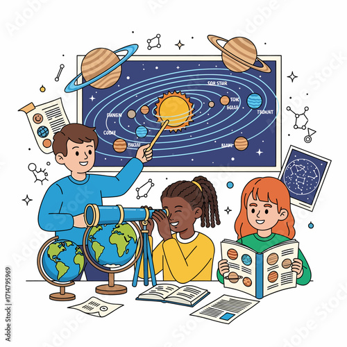 Photography Three diverse children studying astronomy and the solar system in a classroom with a telescope, globes, and books
