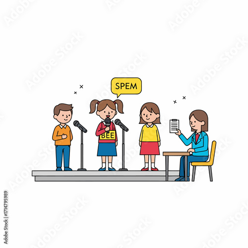 Children participating in a spelling bee competition on a stage with microphones and a judge.
