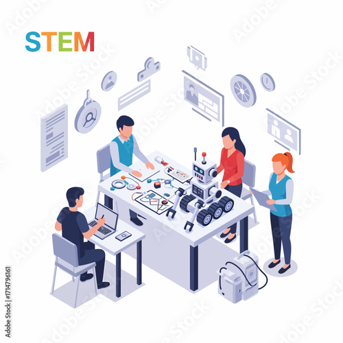 A diverse group of students collaborates on a robotics project, showcasing STEM education and innovation.