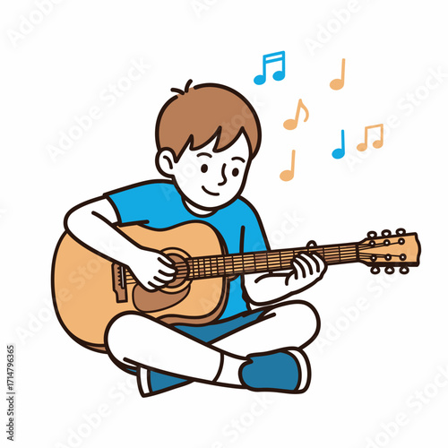 A young boy happily playing an acoustic guitar while sitting cross-legged, with musical notes floating around him.
