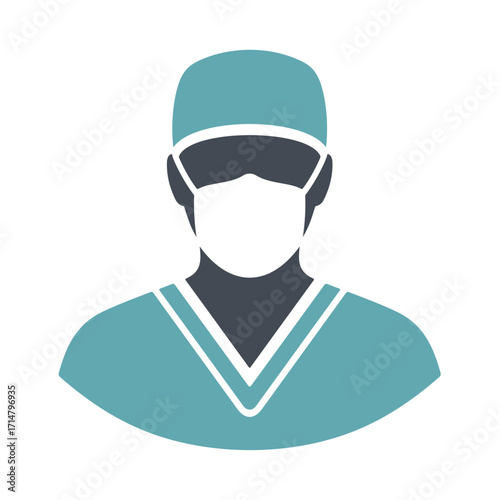 Surgeon Icon Vector Illustration: A Professional Depiction of a Medical Doctor in Scrubs and Mask, Ideal for Healthcare Websites, Medical Presentations, and Clinical Designs, Isolated on White