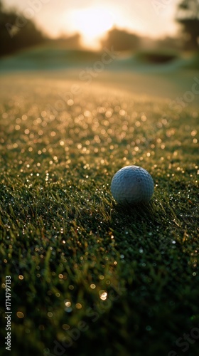 Morning Sunlight Shines on a Dew-Covered Golf Ball on the Green