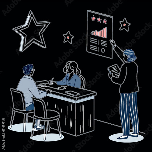 Business discussion in dark room: This graphic showcases a moment of focused business discussion within an illuminated room, emphasizing collaboration, analysis, and strategic planning.