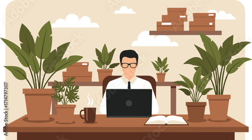 Home office workspace, remote work setup, laptop user, indoor plants, white shirt, coffee cup, calm atmosphere, productivity, organized desk, modern lifestyle