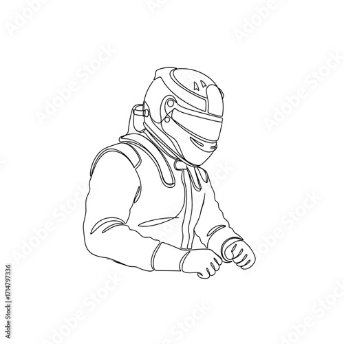 Racing driver in helmet preparing to race in minimalist line art  