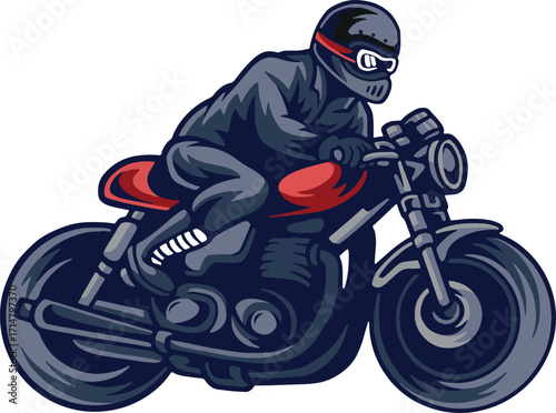 Retro Motorcycle Rider Illustration in Dark Blues and Reds