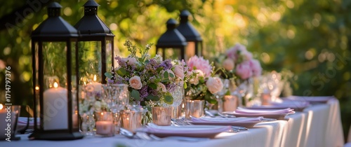 Beautiful Outdoor Dinner Setting With Flowers and Lanterns During Golden Hour