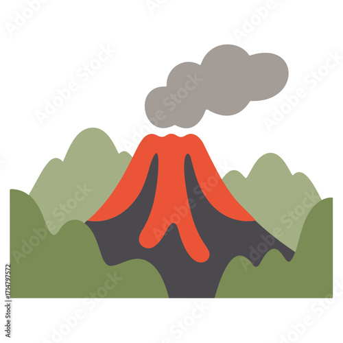 Volcano Landscape Vector Illustration: A Dramatic Depiction of an Erupting Volcano Surrounded by Lush Greenery, Ideal for Environmental Awareness, Geography Education, and Natural Disaster Themes